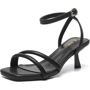Amoji Women Size 10 Black Faux Leather 2.5" Kitten Heel Ankle Strap Sandal Shoes